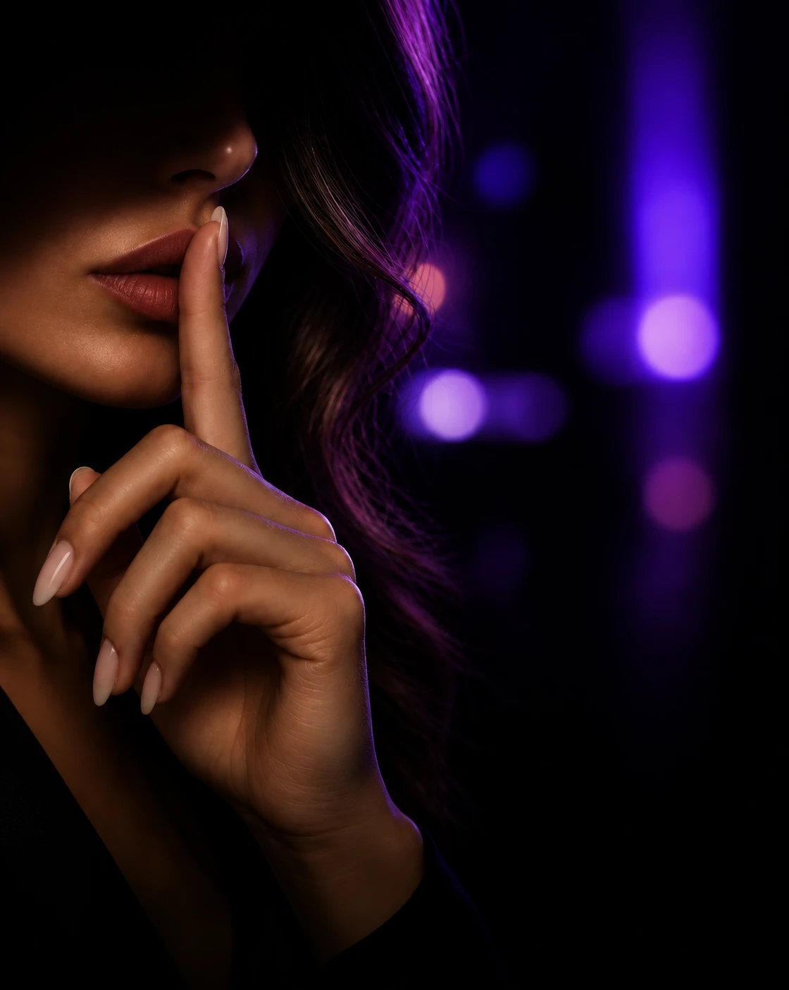 Woman with a finger to her lips, symbolising discretion